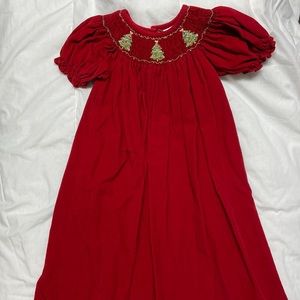 Girls Red Corduroy Bishop Dress with Smocked Christmas Trees